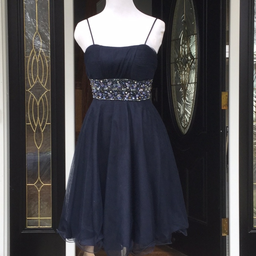 Navy short formal dress with stone details